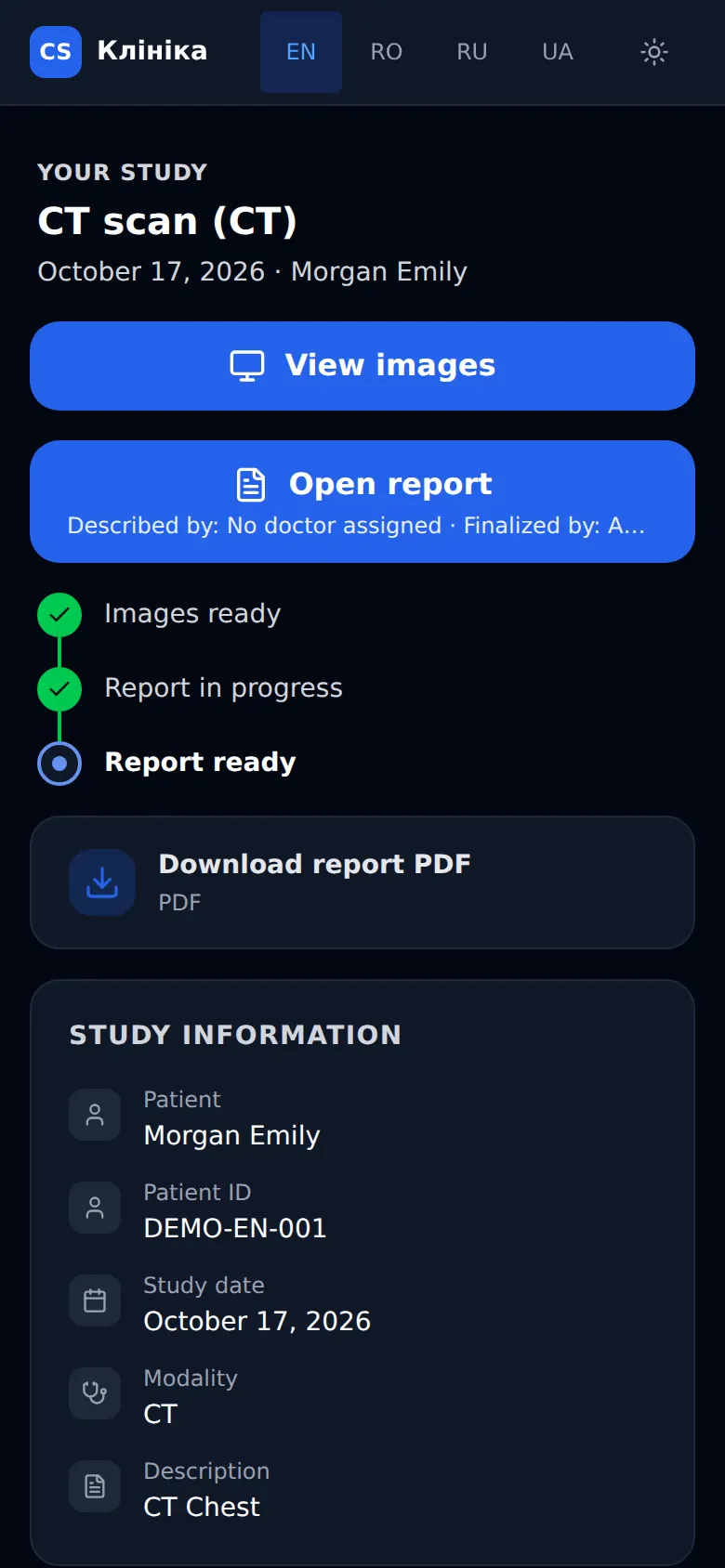 ClearScan patient page on a phone (demo data)