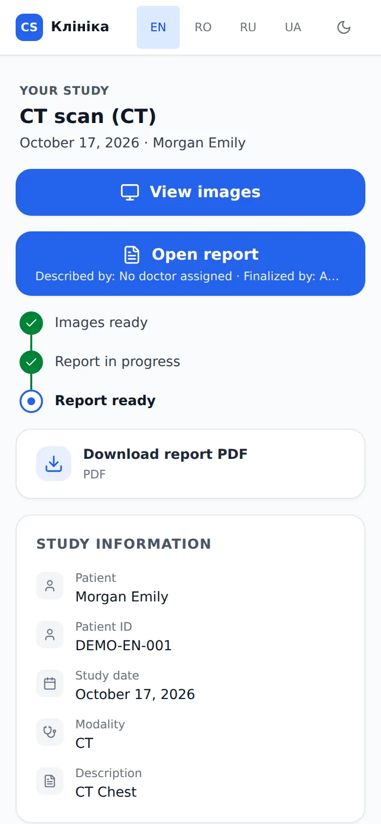 ClearScan patient page on a phone (demo data)