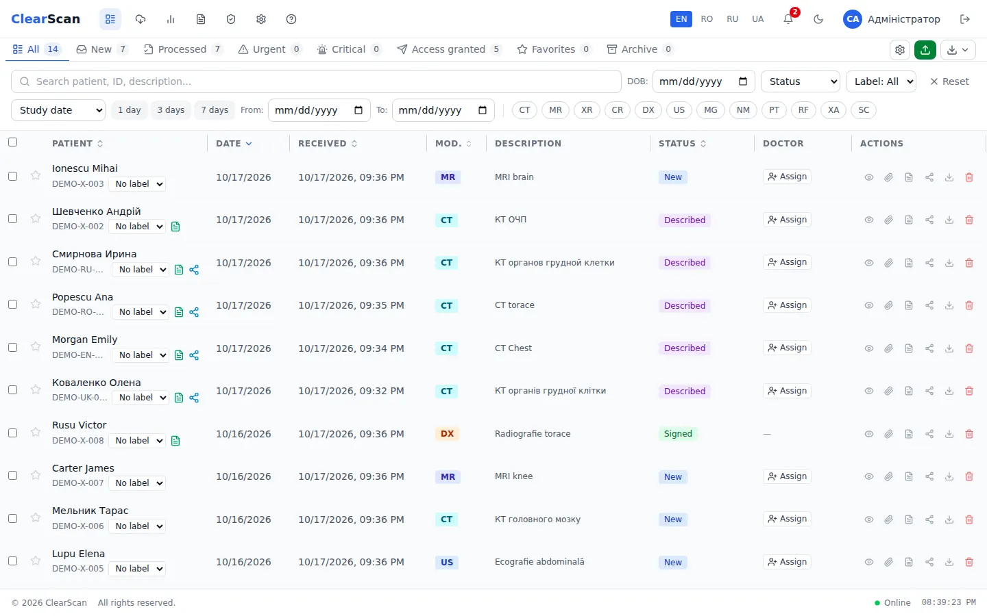 ClearScan study worklist (demo data)